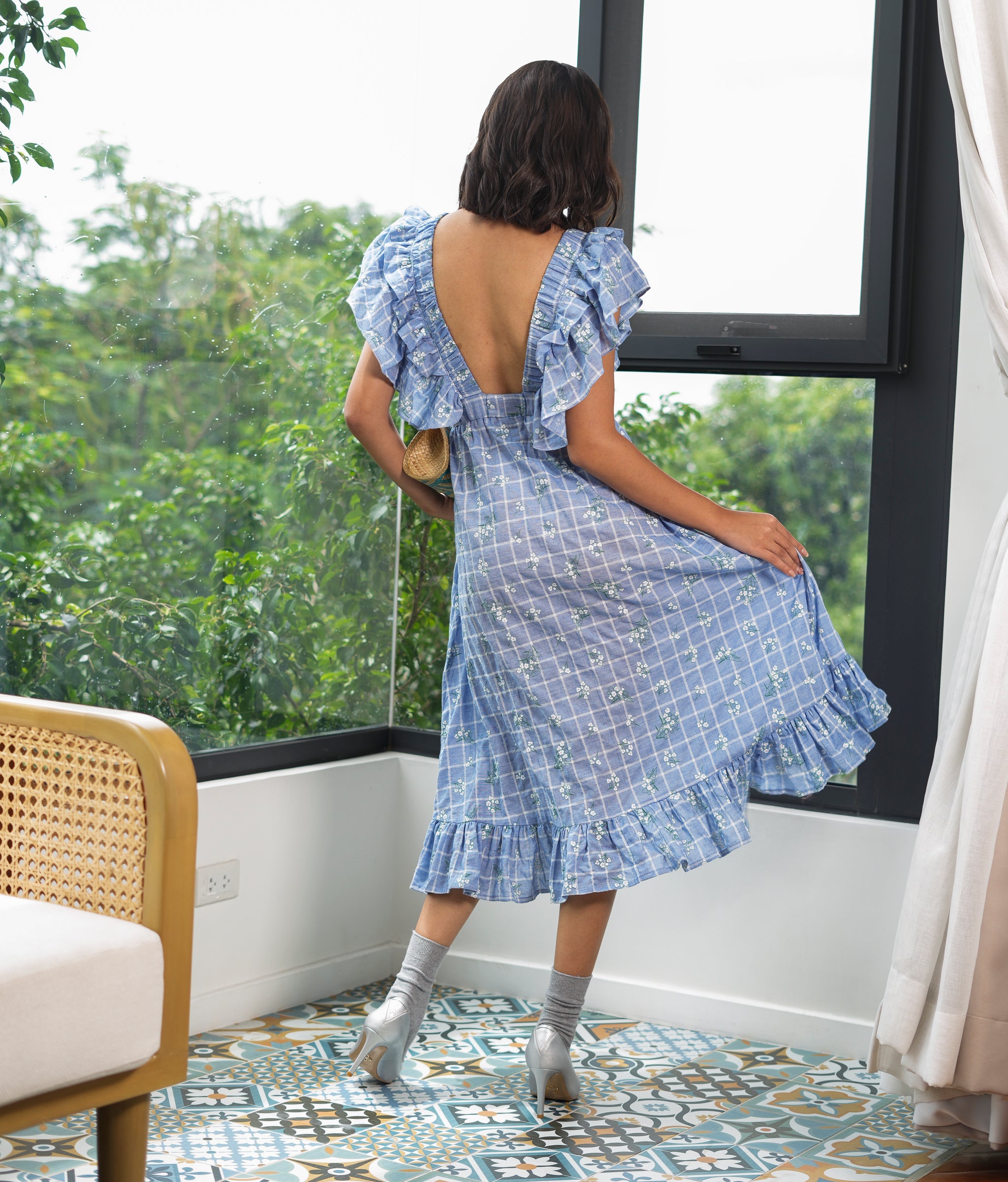 Marana Tha Tayla Ruffle Cutout Dress (Blue Cotton) - Seek The Uniq Marana Tha Tayla Ruffle Cutout Dress (Blue Cotton) - Seek The Uniq