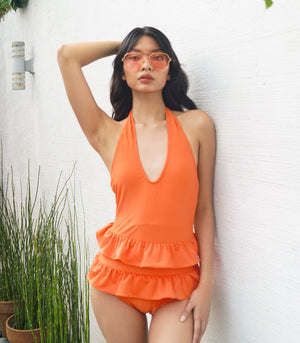 Idalia Halter Layered Ruffle Swimsuit (Melon)