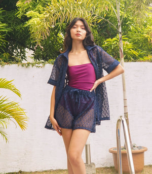 Hannia Eyelet Polo and Shorts Cover-Up (Navy)