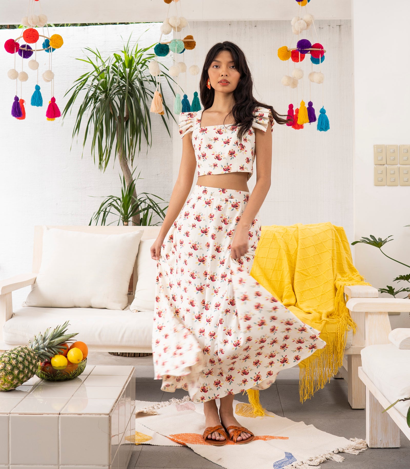 Parys Ruffle Sleeve Top and Skirt Set (Pink Floral)