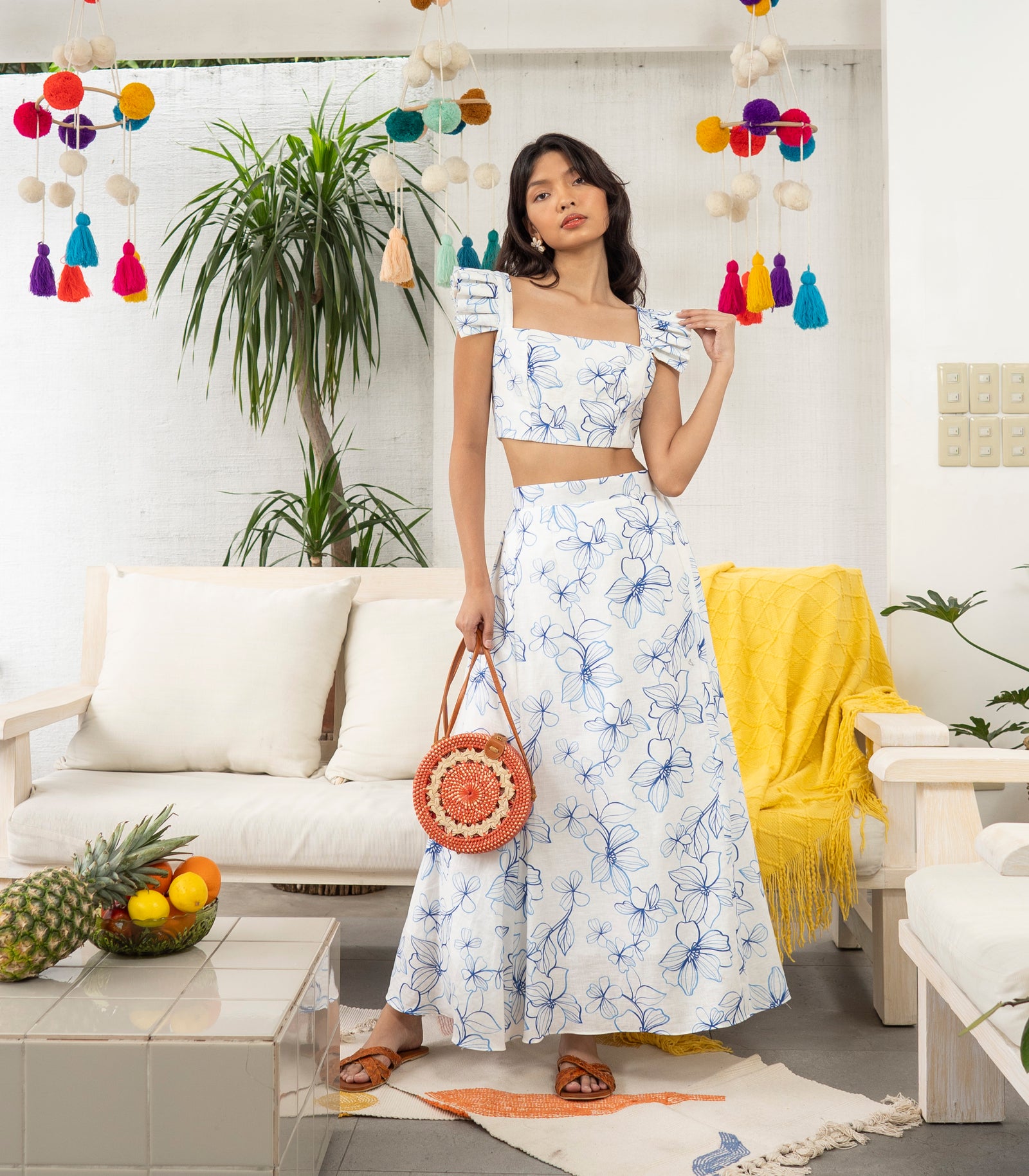 Parys Ruffle Sleeve Top and Skirt Set (Blue Floral)