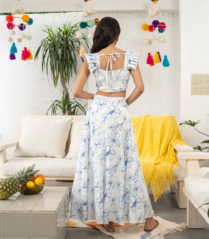 Parys Ruffle Sleeve Top and Skirt Set (Blue Floral)