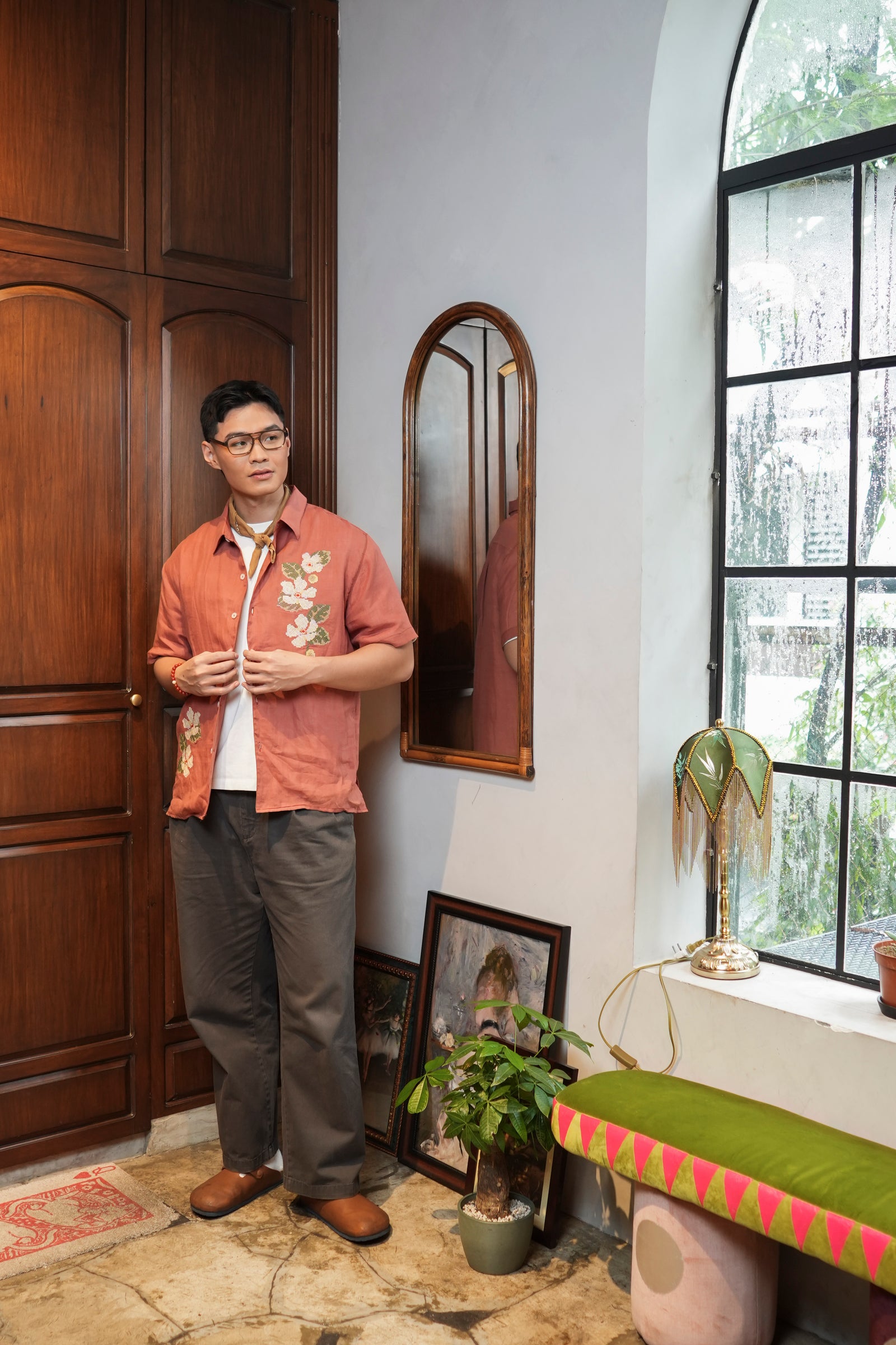 Caitian Embroidered Men's Shirt - Katmon  (Rust)