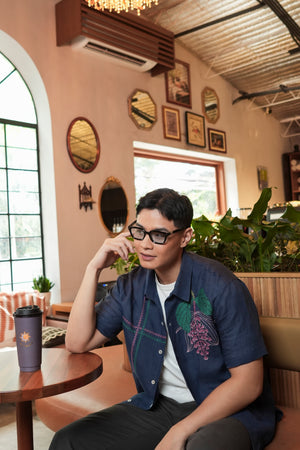 Caitian Embroidered Men's Shirt -Kapa Kapa (Navy Blue)