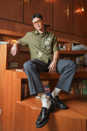 Caitian Embroidered Men's Shirt - Katmon  (Olive)