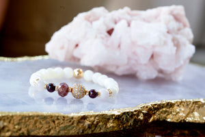 Abundant Love Bracelet with Kunzite, Ruby, Garnet, Mother of Pearl and Rhinestone Ball (for women) ABL-AW1