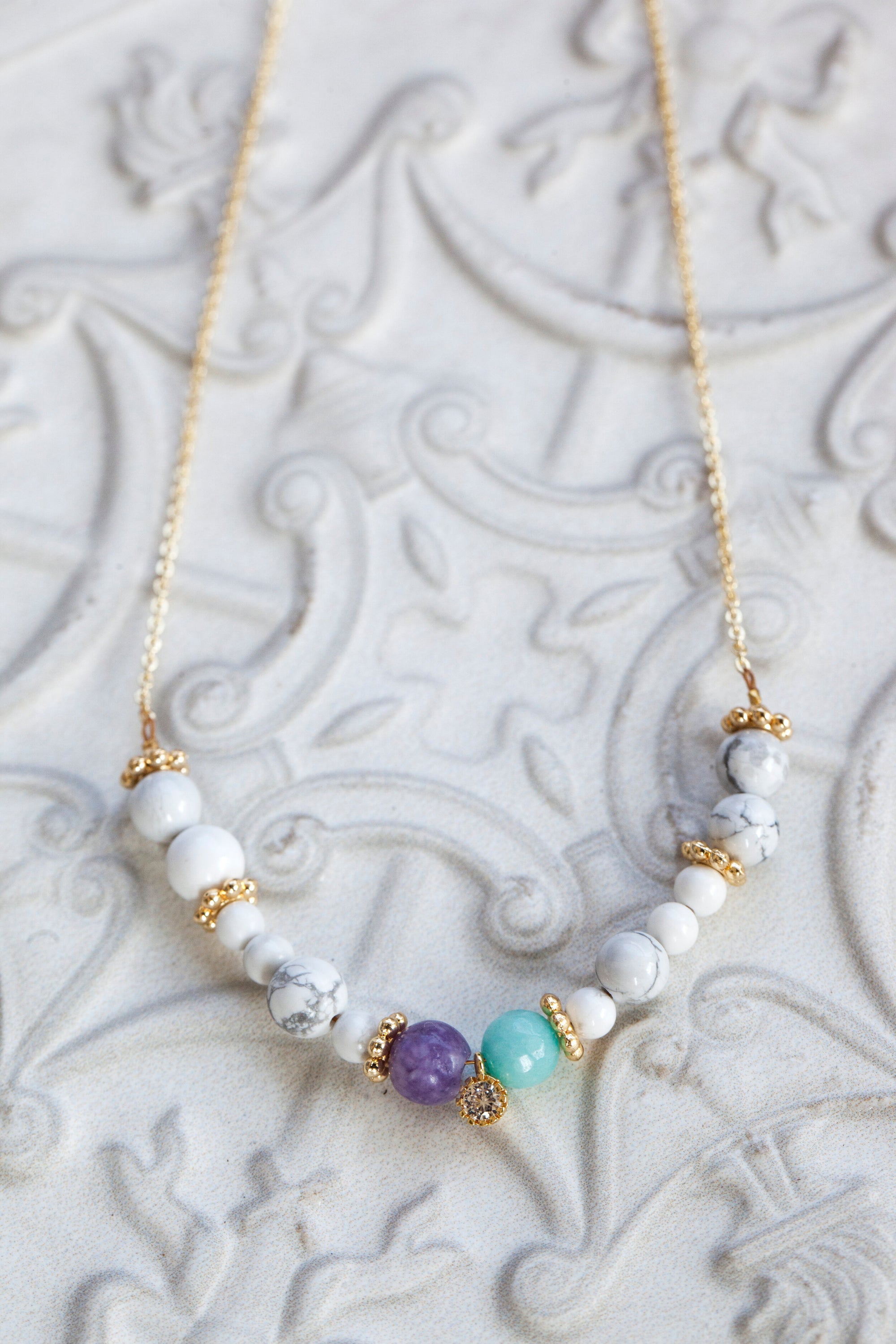 Begin with Calm Beaded Necklace with Howlite, Lepidolite, Angelite and Rhinestone Pendant (for women) BEGIN-BW1