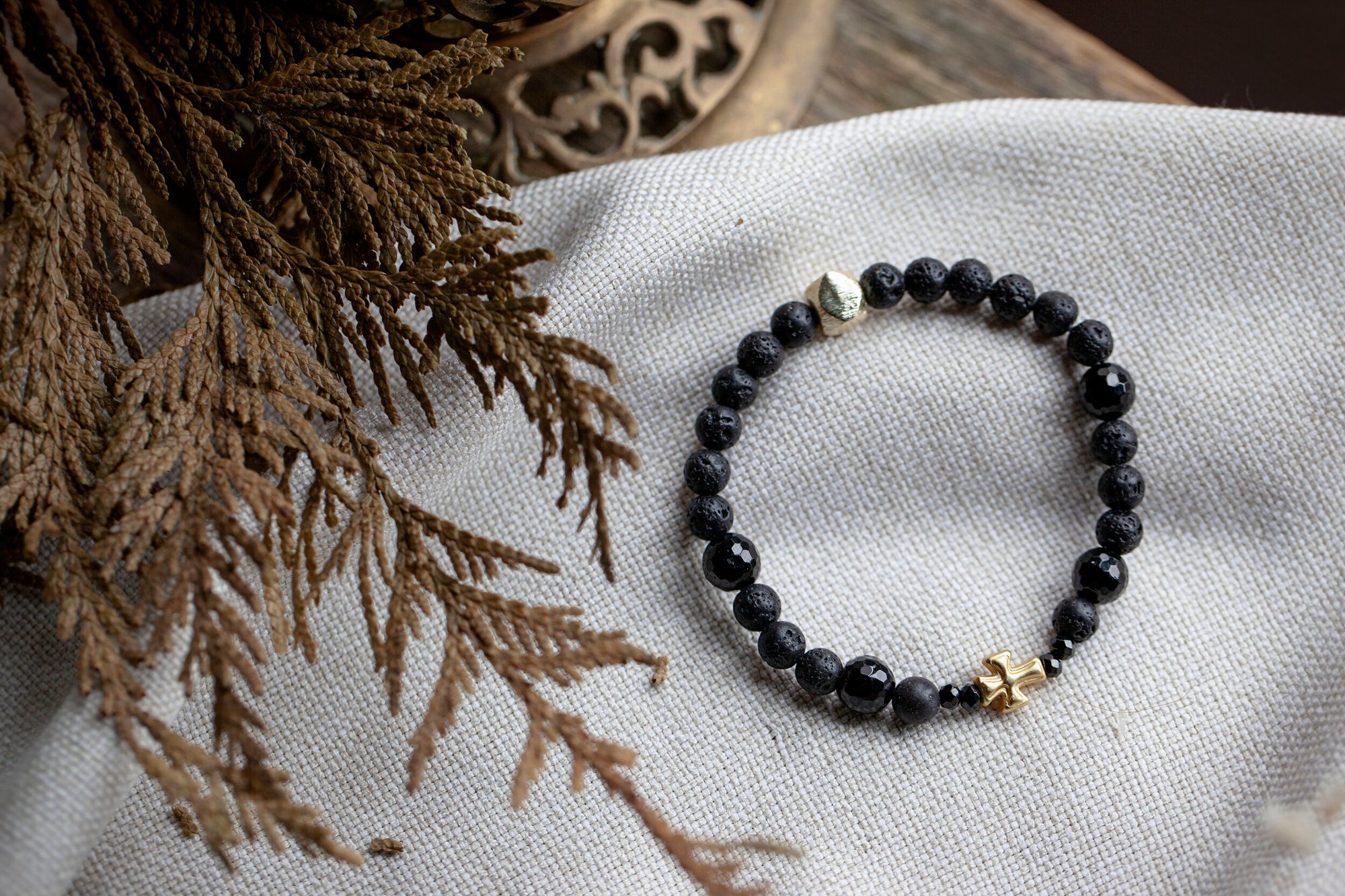 Divine Protection Cross Bracelet with Black Tourmaline and Lava Diffuser Stone (unisex)