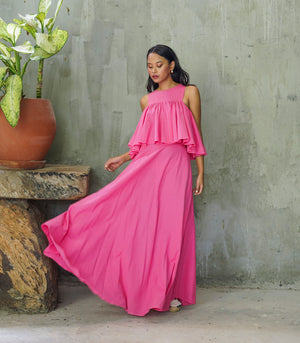 Mourant Flounce Top and Skirt Set (Fuchsia)