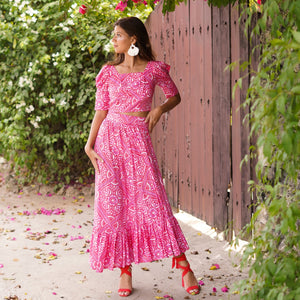 Galati Linen Crop Top and Skirt Set (Pink)