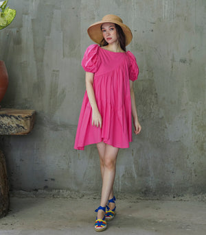 Maroni Puff Sleeve A-Line Tiered Dress (Fuchsia)
