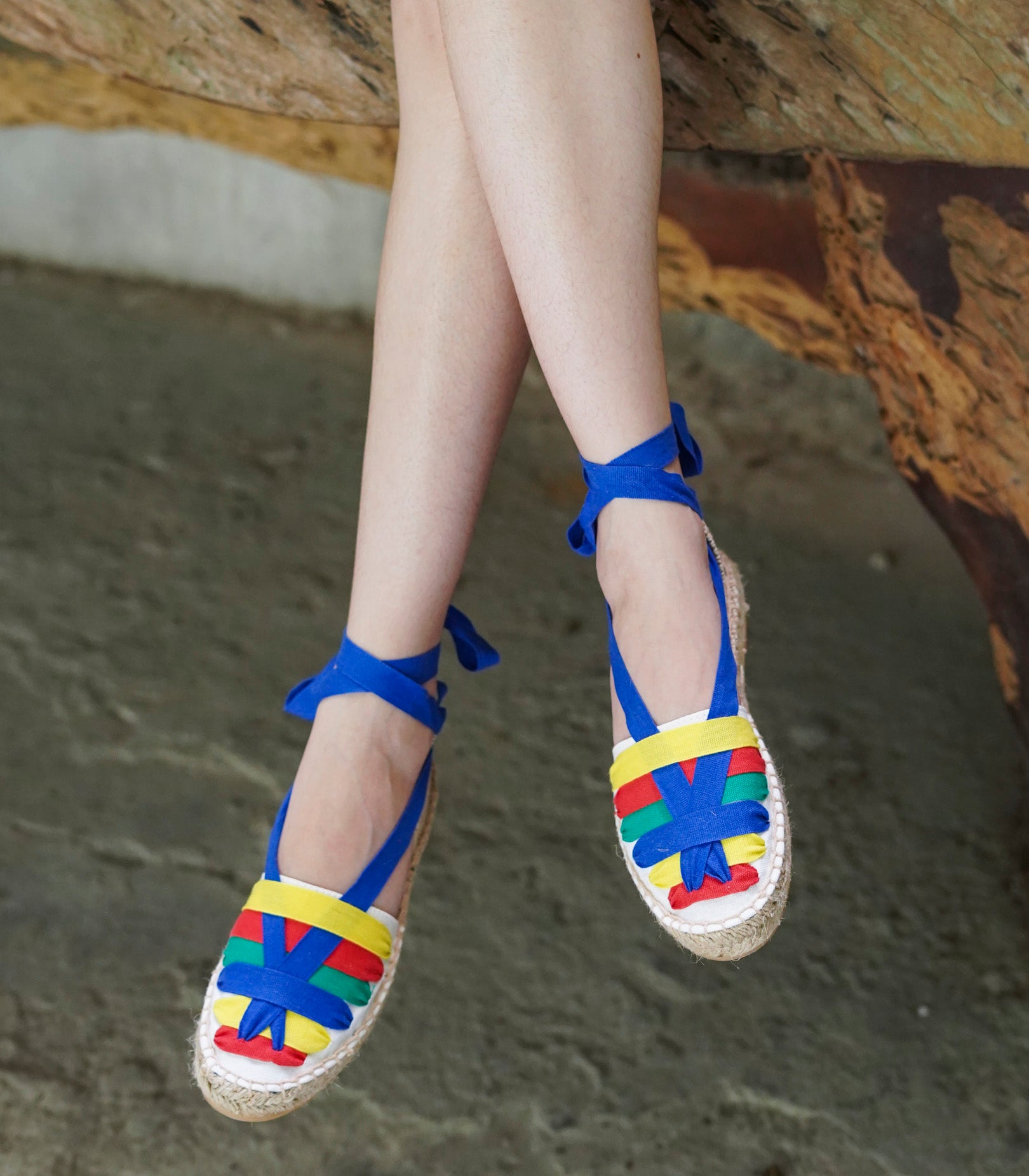 Colored Straps, Off -White Upper Lace Up Espadrille