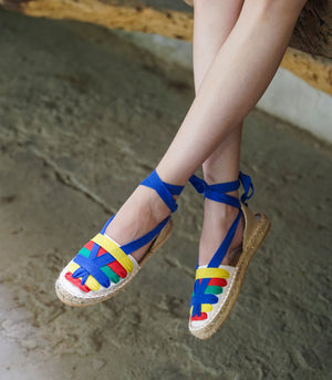 Colored Straps, Off -White Upper Lace Up Espadrille