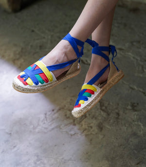 Colored Straps, Off -White Upper Lace Up Espadrille