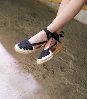 Black Straps, Off-White Upper Lace Up Espadrille