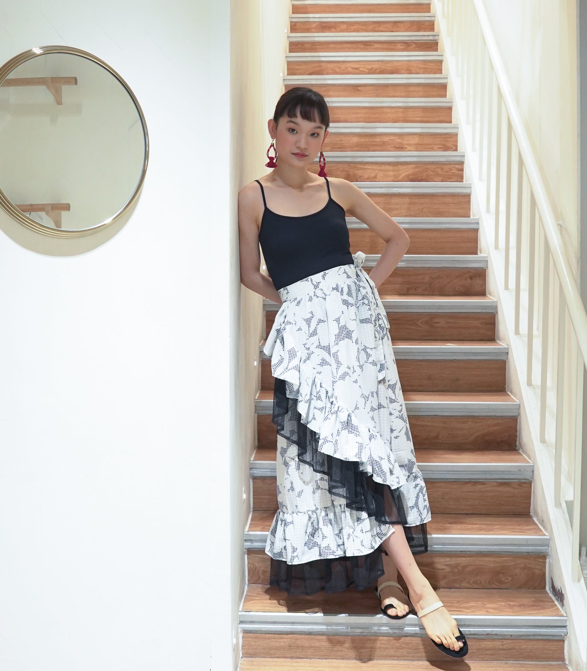 Montjoly Ruffled Tulle Wrap Skirt (B&W Floral)