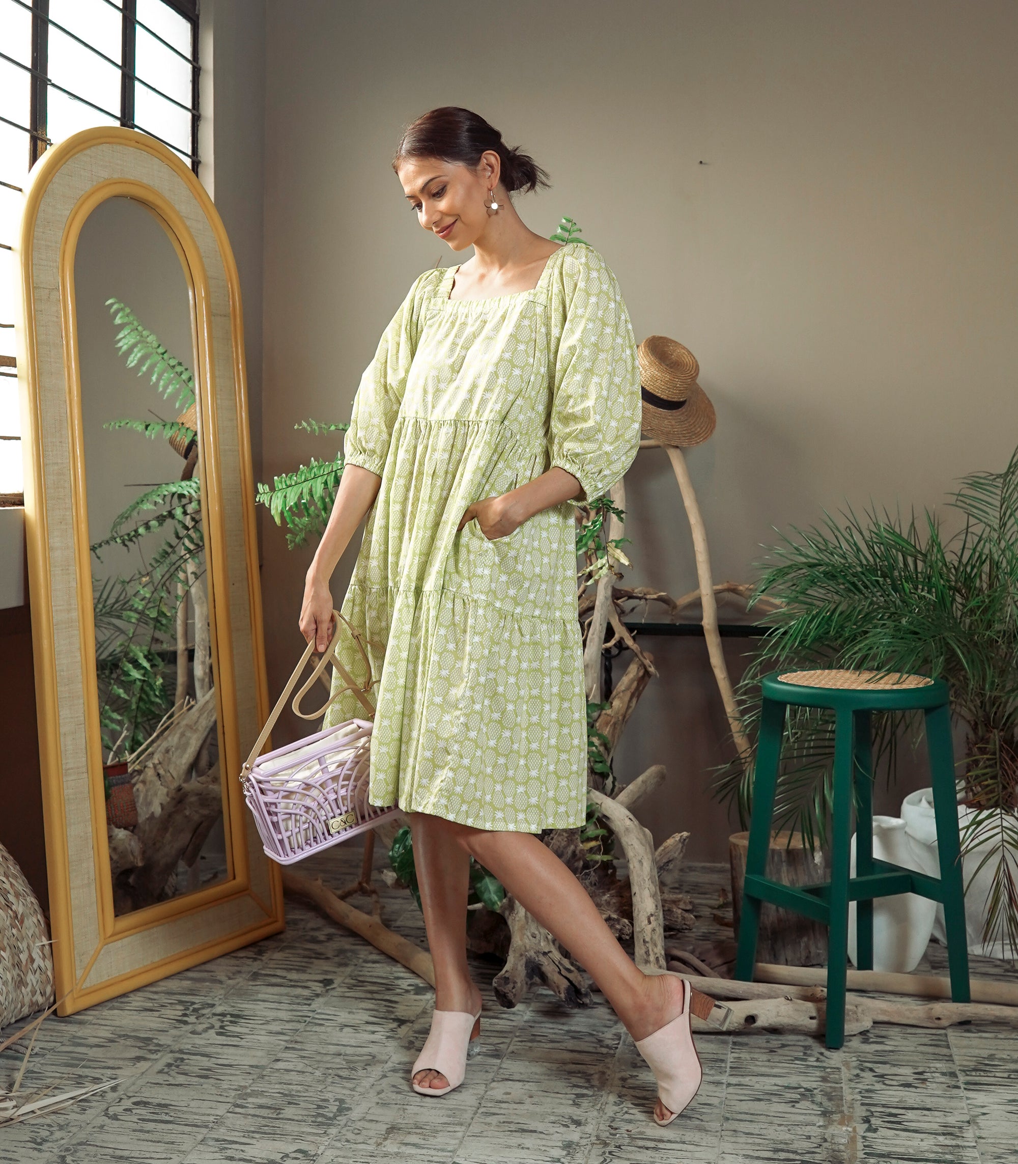 Florence Fling Maeko Tiered Puff Sleeve Dress (Pineapple)