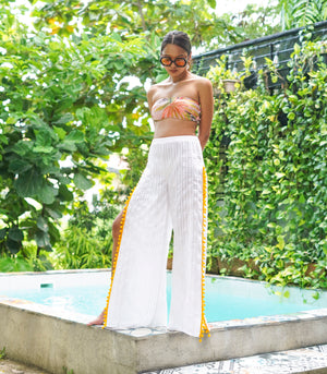 Skopje Wide-Leg Pants with Pom Poms (Dove)