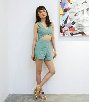 Mompiche Angled Crop Top and Shorts Set (Turquoise)