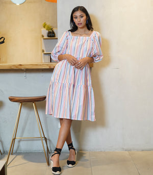 Florence Fling Maeko Tiered Puff Sleeve Dress (Multicolor Stripes)