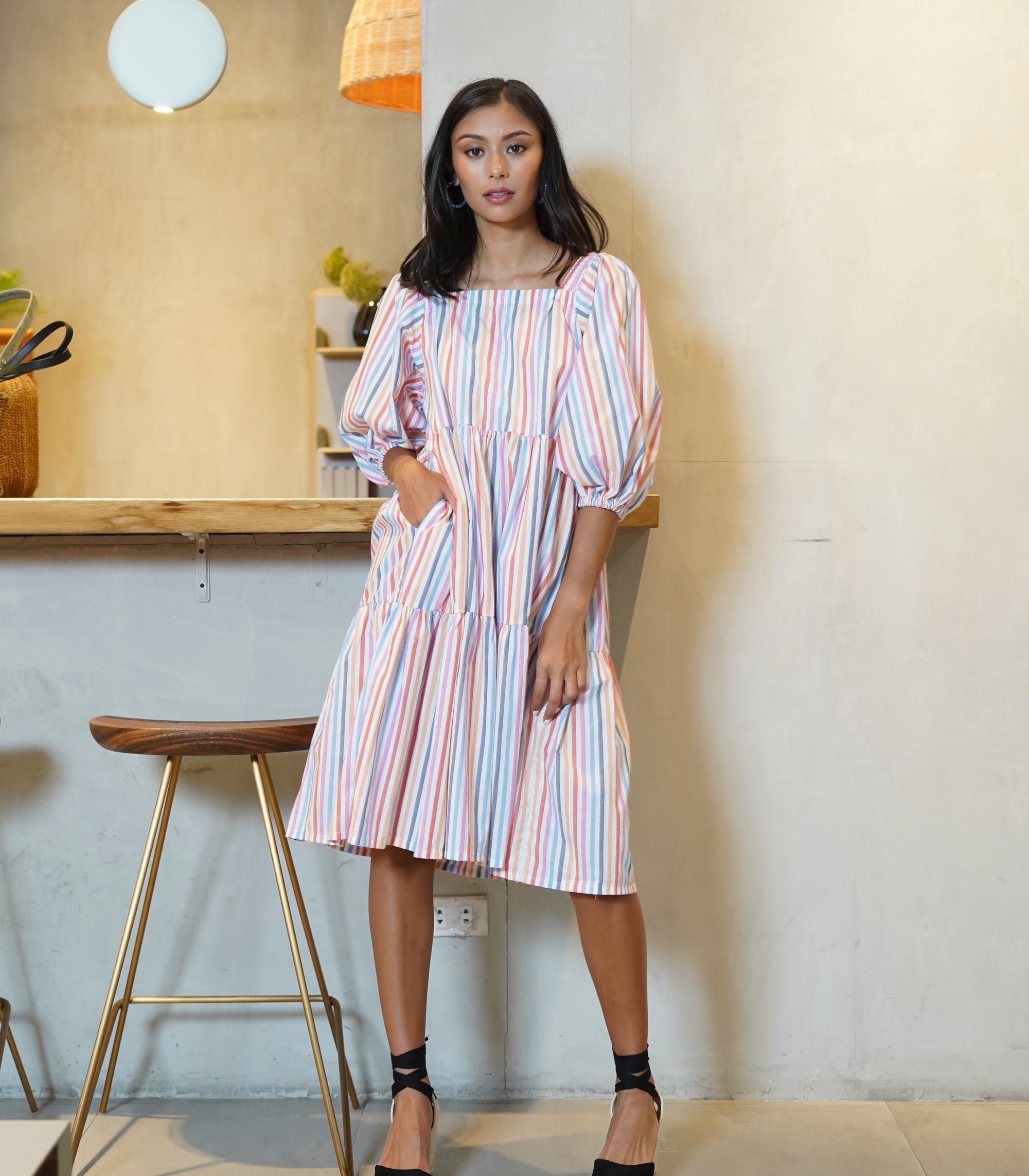 Florence Fling Maeko Tiered Puff Sleeve Dress (Multicolor Stripes)