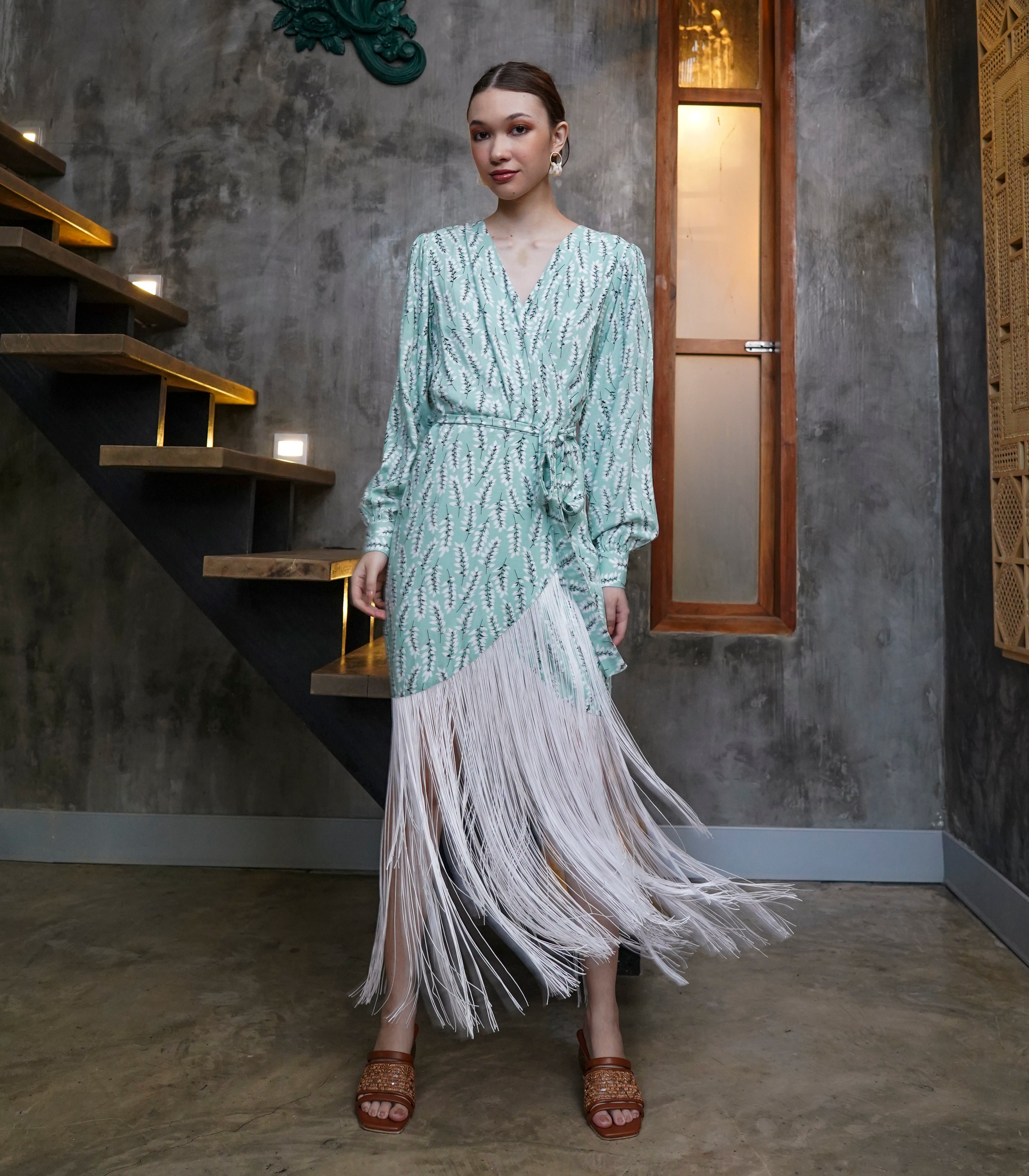 fringe trim long sleeve faux wrap dress Marana Tha Lillee Wrap Fringe Dress