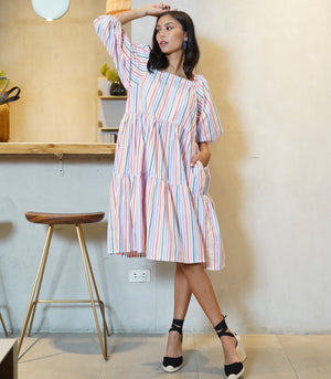 Florence Fling Maeko Tiered Puff Sleeve Dress (Multicolor Stripes)