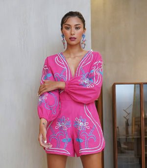 Varadero Embroidered Linen Playsuit (Fuchsia)