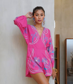 Varadero Embroidered Linen Playsuit (Fuchsia)