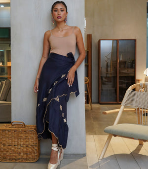 Rijeka Embroidered Wrap Skirt  (Navy)