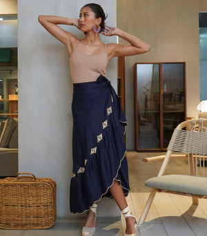 Rijeka Embroidered Wrap Skirt  (Navy)