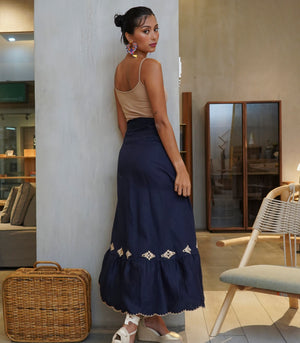 Rijeka Embroidered Wrap Skirt  (Navy)