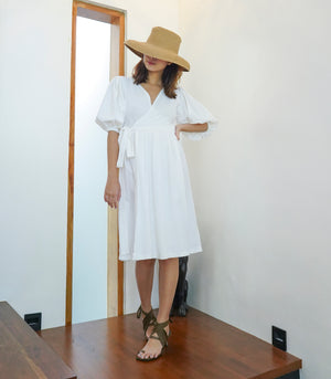 Señorita Puff Sleeve Wrap Dress White