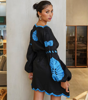 Turkana Embroidered White Scalloped Dress  (Midnight)