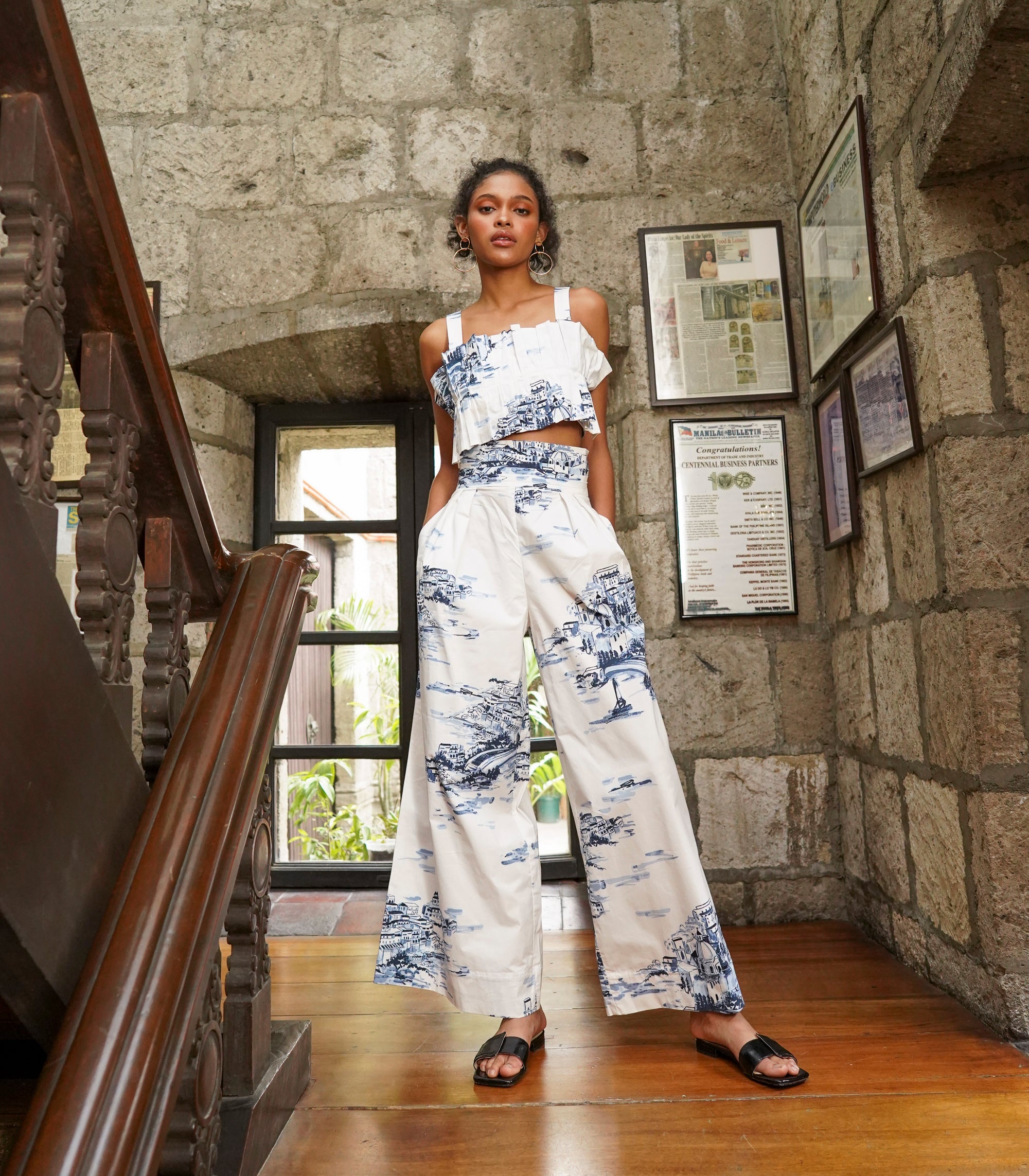 Marana Tha Morelia Sleeveless Pleated Crop Top and Pants Set   (Town Print)