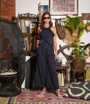 Itaugua Flounce Halter Tie Back Jumpsuit (Midnight Polka)