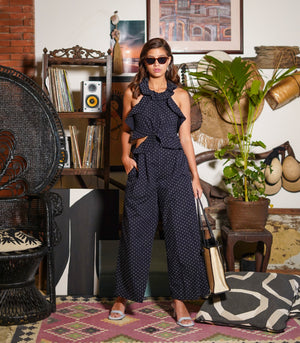 Itaugua Flounce Halter Tie Back Jumpsuit (Midnight Polka)