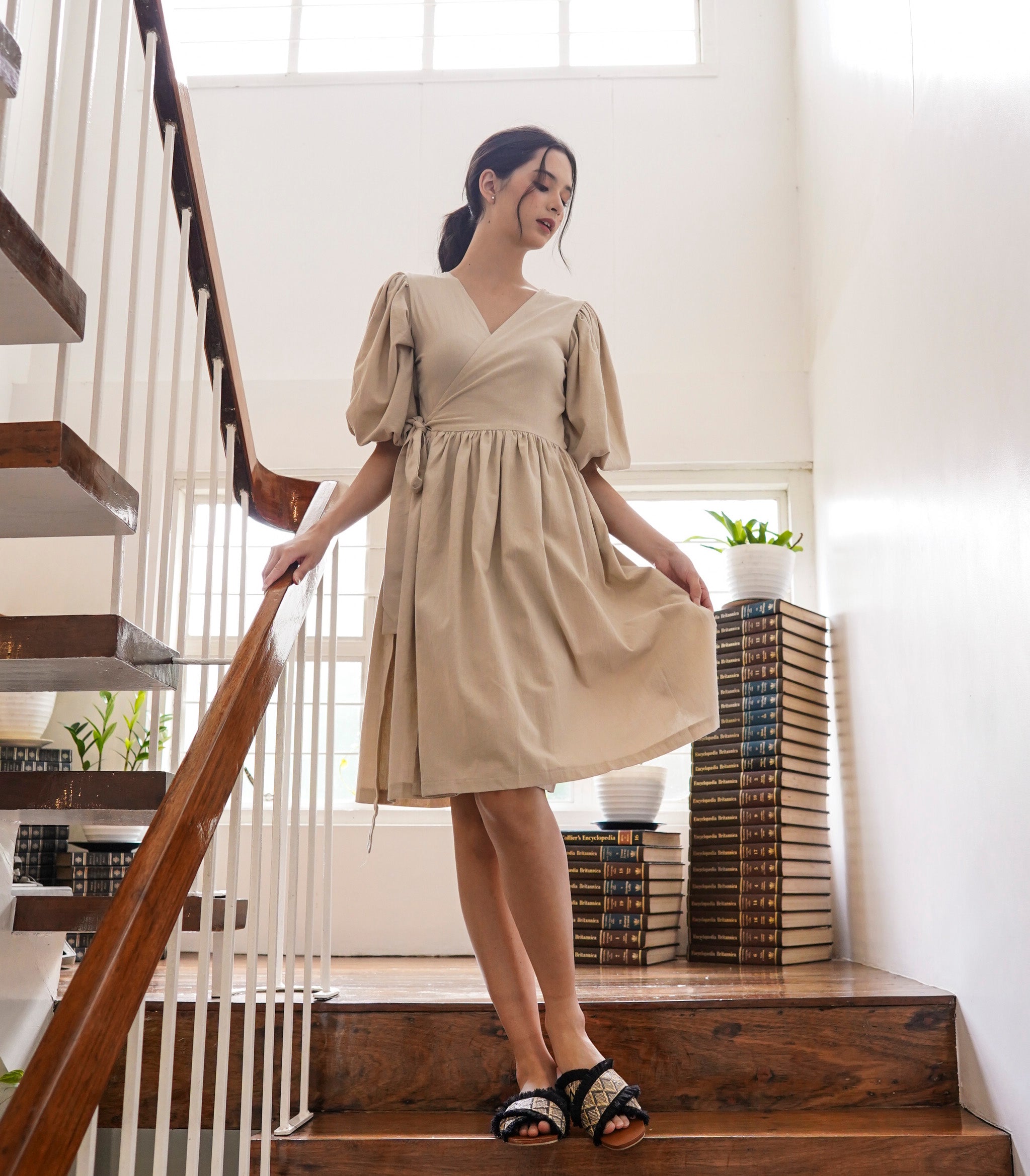 Señorita Puff Sleeve Wrap Dress Beige - Seek The Uniq