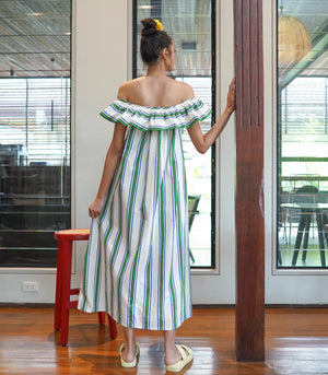 Jonkoping Off-the-Shoulder Ruffle Maxi Dress (Green Stripes)