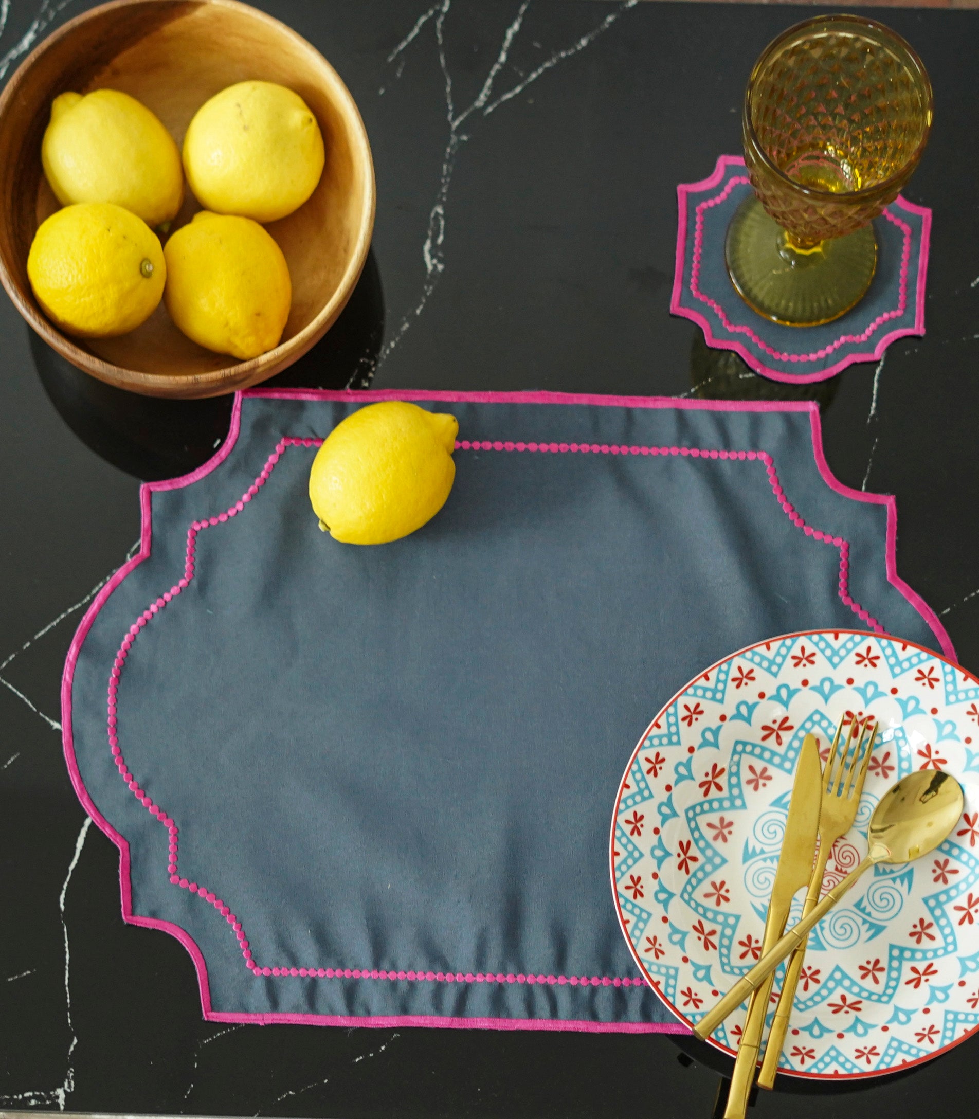 Tavira Edged Placemats + Coasters (Set of 6) - Slate with pink