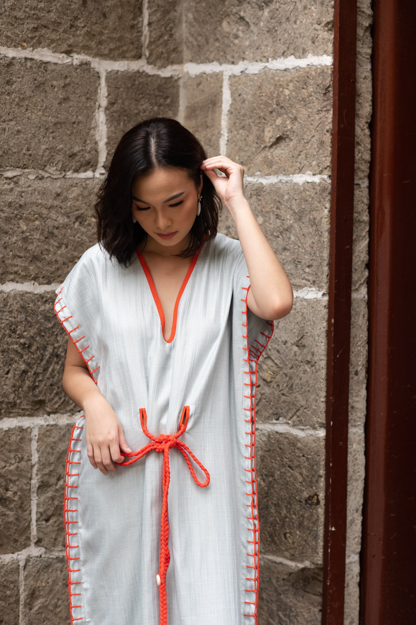 La Filippine V Neck Caftan     (Orange & Blue)