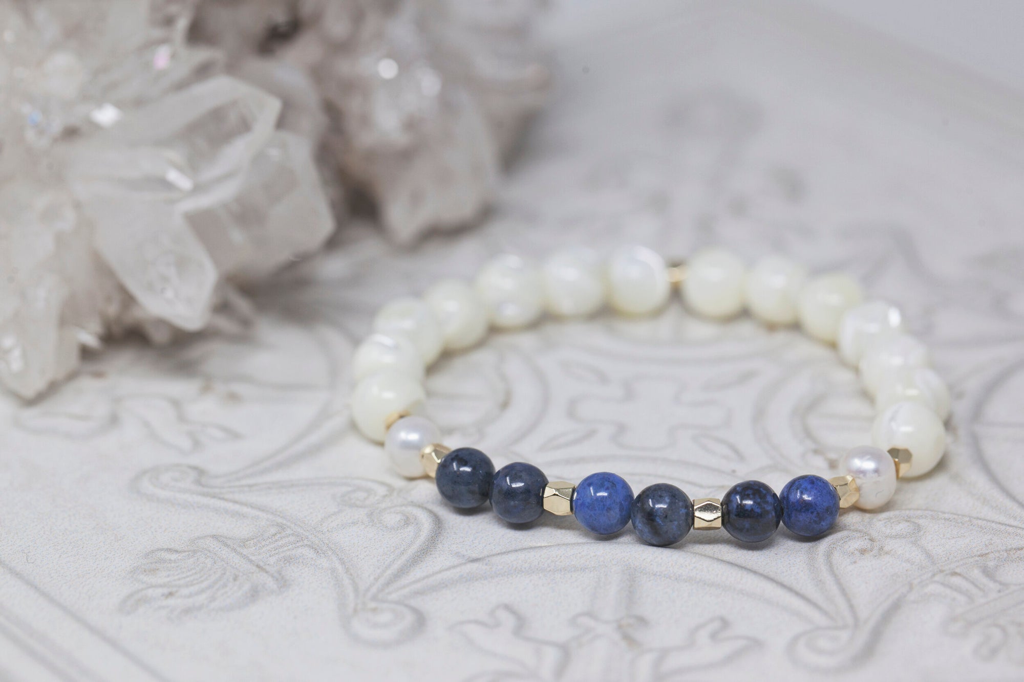 Inspired Wisdom Bracelet with Dumortierite, Freshwater Pearl and Mother of Pearl (for women) INSW-BW1