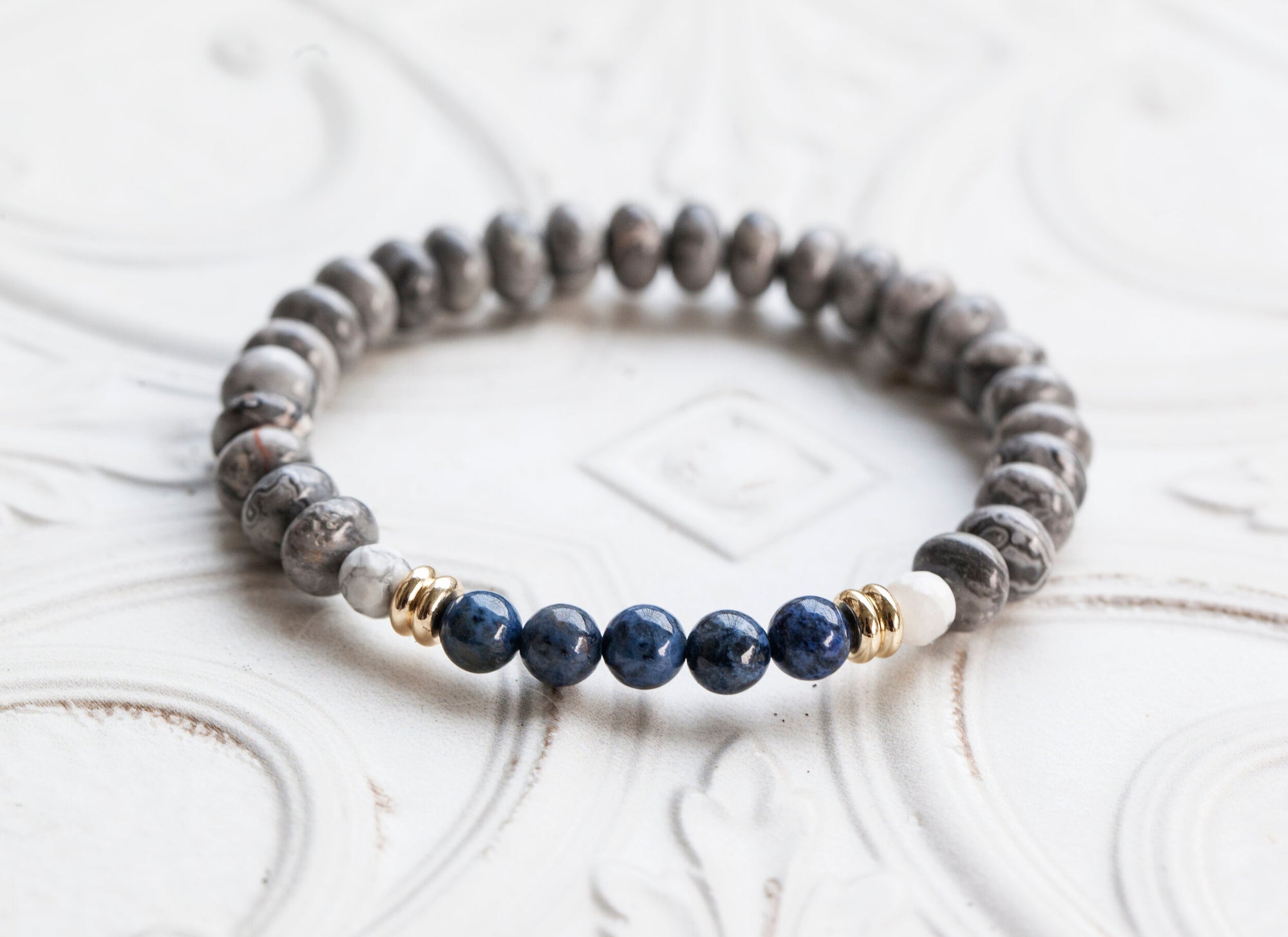 Inspired Wisdom Bracelet with Dumortierite, Earth Jasper and Howlite (for men) INSW-AM1