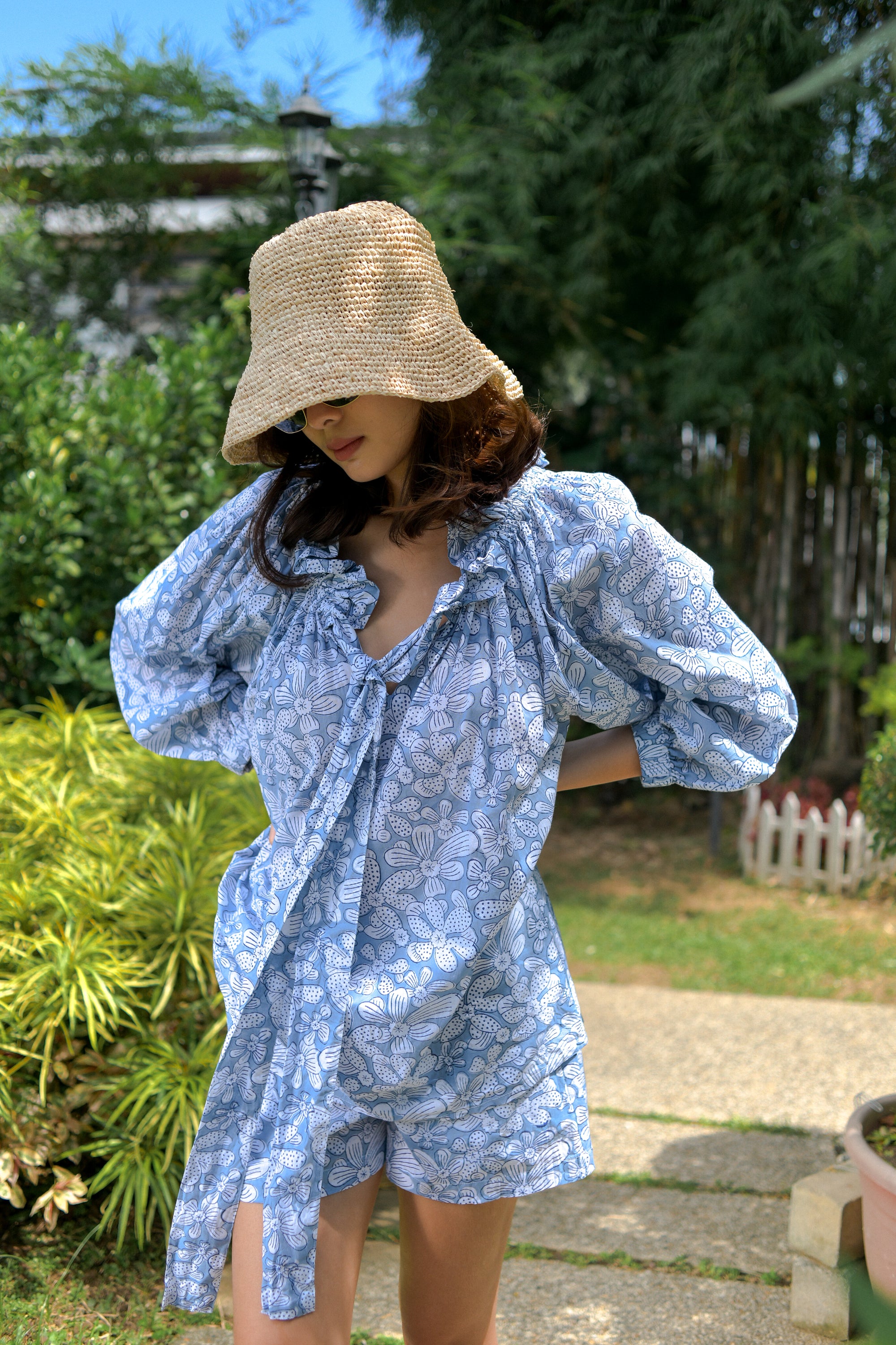 Ruffle Top and Shorts Set in Cool Gray Dotted and Striped Flowers