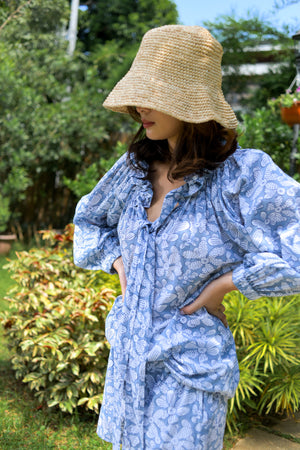 Ruffle Top and Shorts Set in Cool Gray Dotted and Striped Flowers