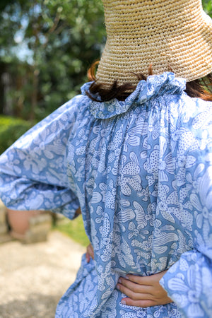 Ruffle Top and Shorts Set in Cool Gray Dotted and Striped Flowers