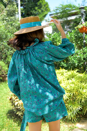 Ruffle Top and Shorts Set in Teal and Blue Bellflowers