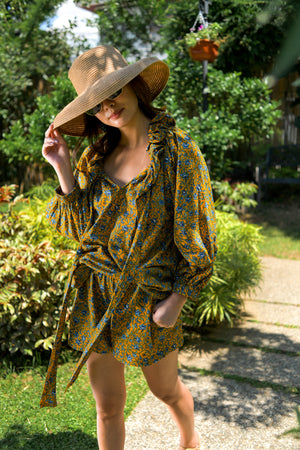 Ruffle Top and Shorts Set in Dark Mustard with Blue Bellflowers