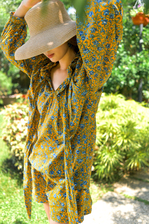 Ruffle Top and Shorts Set in Dark Mustard with Blue Bellflowers