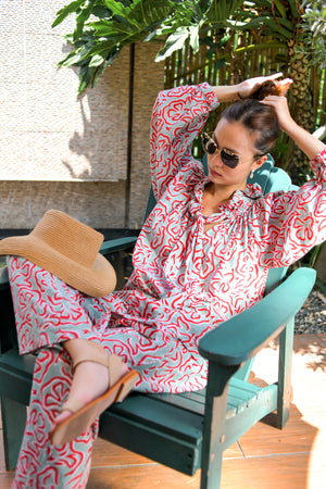 Ruffle Top and Pants Set in Red and Sage Blossom Curves